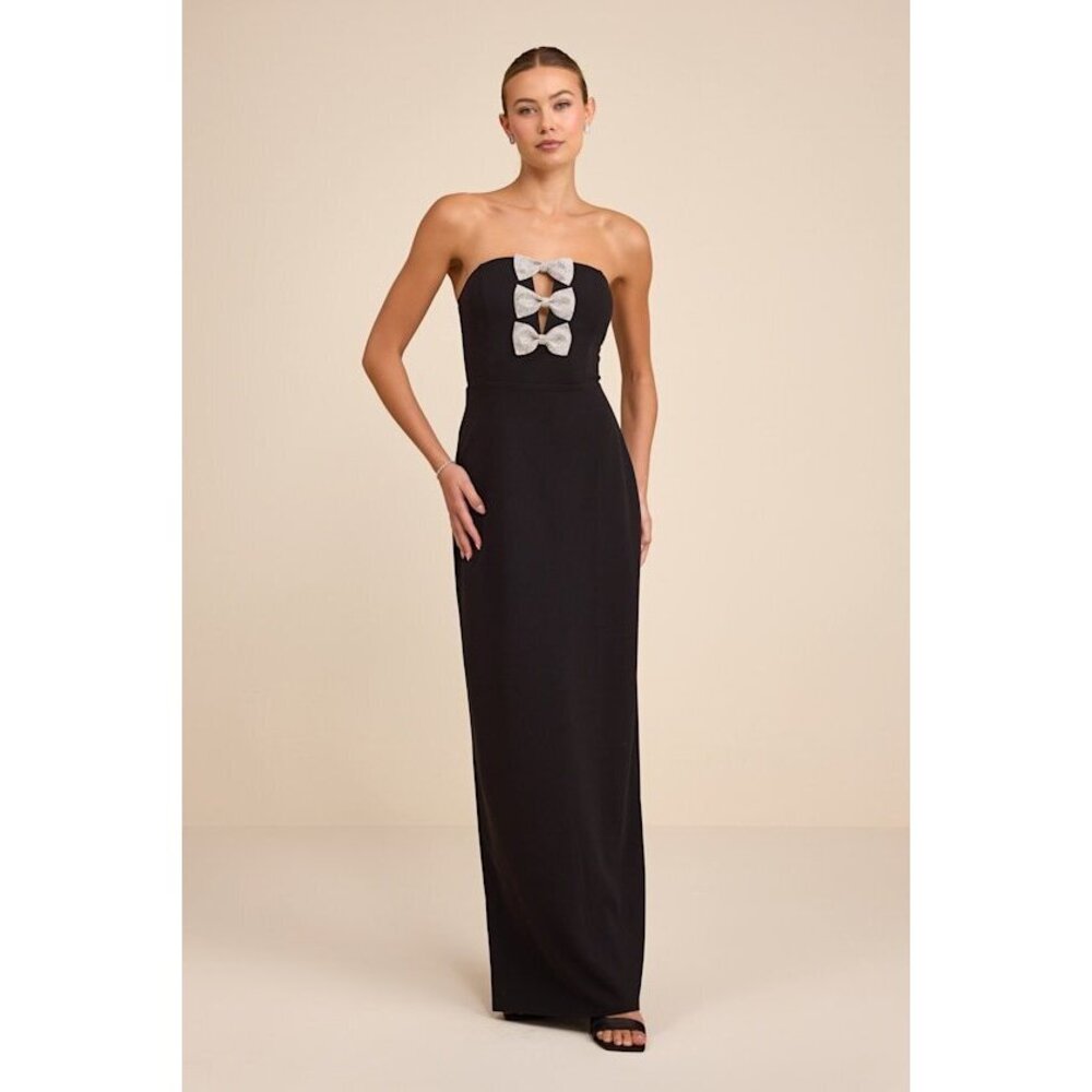 Lulus Jovia Black Rhinestone Bow Strapless Maxi Dress - Size XS